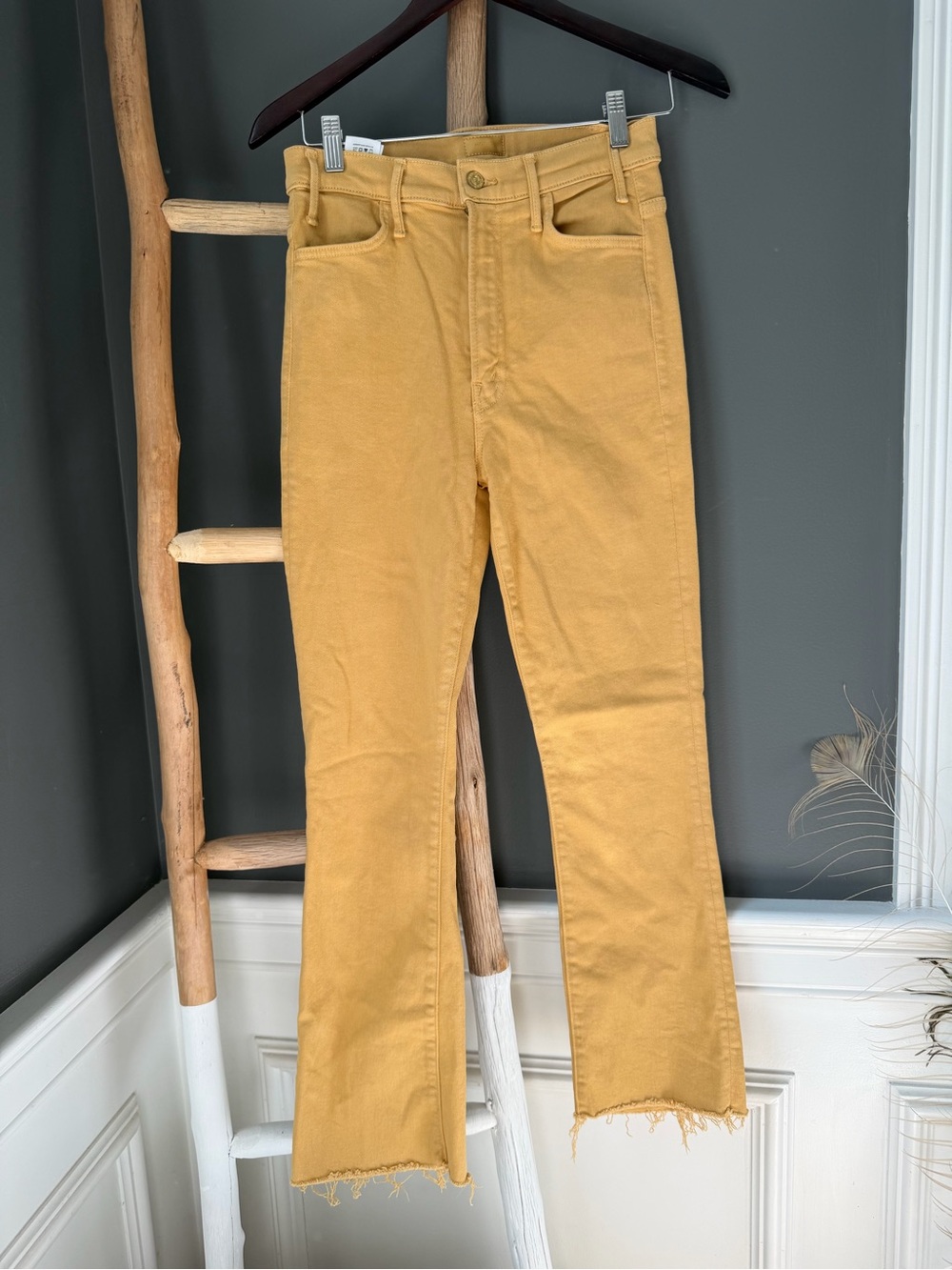 MOTHER hustler ankle fray Mustard Yellow High-Rise Jeans, Size 28